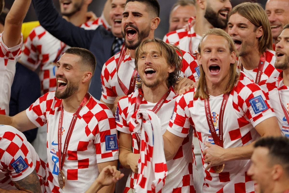 Festa e premiao da Crocia por terceiro lugar na Copa do Mundo de 2022, no Catar. Croatas venceram o Marrocos por 2 a 1, neste sbado (17) e conseguiram mais um feito histrico em Mundiais.