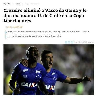 RDIO COOPERATIVA, Chile - Cruzeiro eliminou Vasco e deu uma mo  La U. No entendimento da emissora, resultado deixou Universidad de Chile em condio de avanar desde que vena seus dois jogos.
