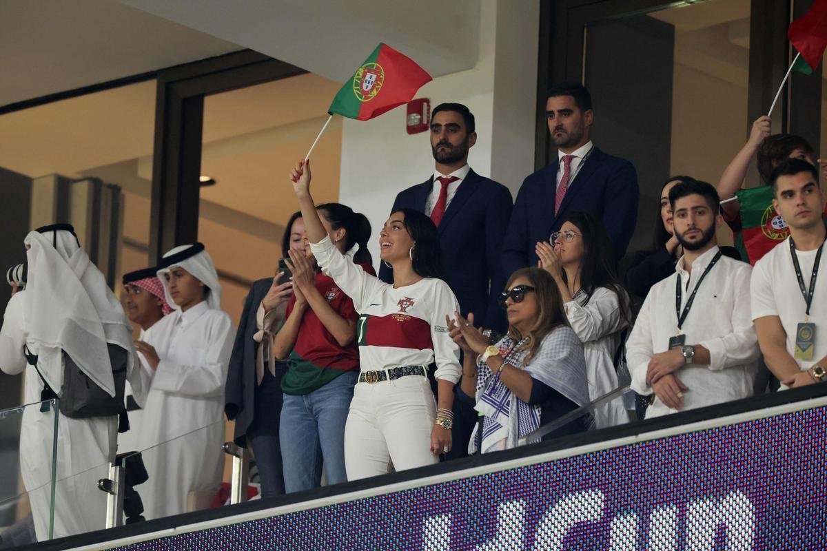 Esposa Georgina Rodriguez e demais familiares de Cristiano Ronaldo durante jogo entre Marrocos e Portugal pelas quartas de final da Copa do Mundo no Estdio Al Thumama