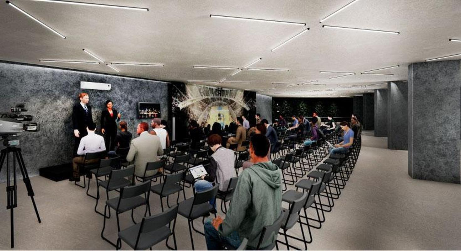 Alm de seguir como complexo esportivo, a rea do ginsio abrigar um restaurante com vista panormica, um shopping e um hotel. Na foto, Sala de Eventos.