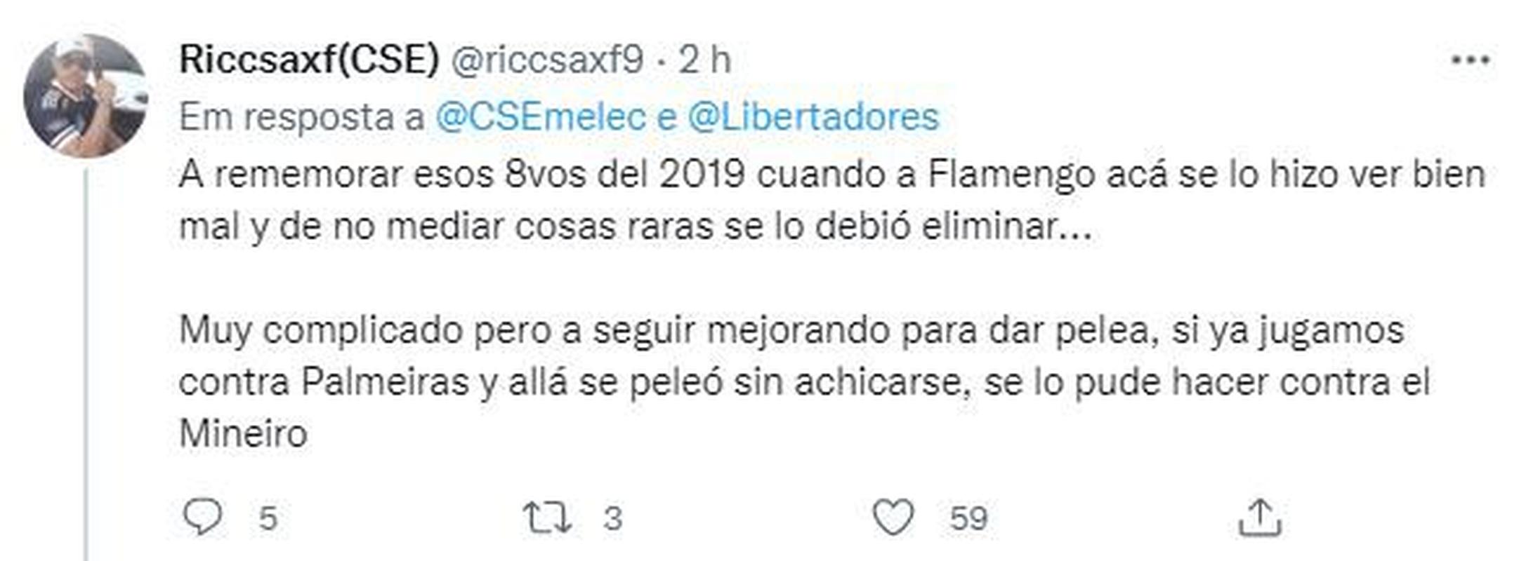 'A relembrar aquelas oitavas de 2019 em que o Flamengo fez mal aqui e, se no houvesse coisas estranhas, deveria ter sido eliminado... Muito complicado, mas vamos continuar melhorando para lutar. Se j jogamos contra o Palmeiras e l eles lutaram sem encolher, se pode fazer o mesmo contra o Mineiro'.