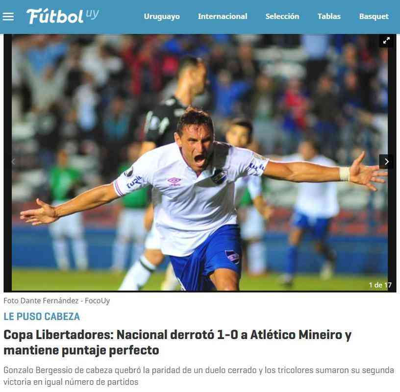 O Futbol.com destacou a campanha perfeita do Nacional, com duas vitrias em dois jogos na Copa Libertadores.