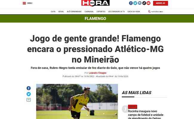 Jornal Meia Hora destacou jogo entre Atlético e Flamengo, neste domingo, no Mineirão