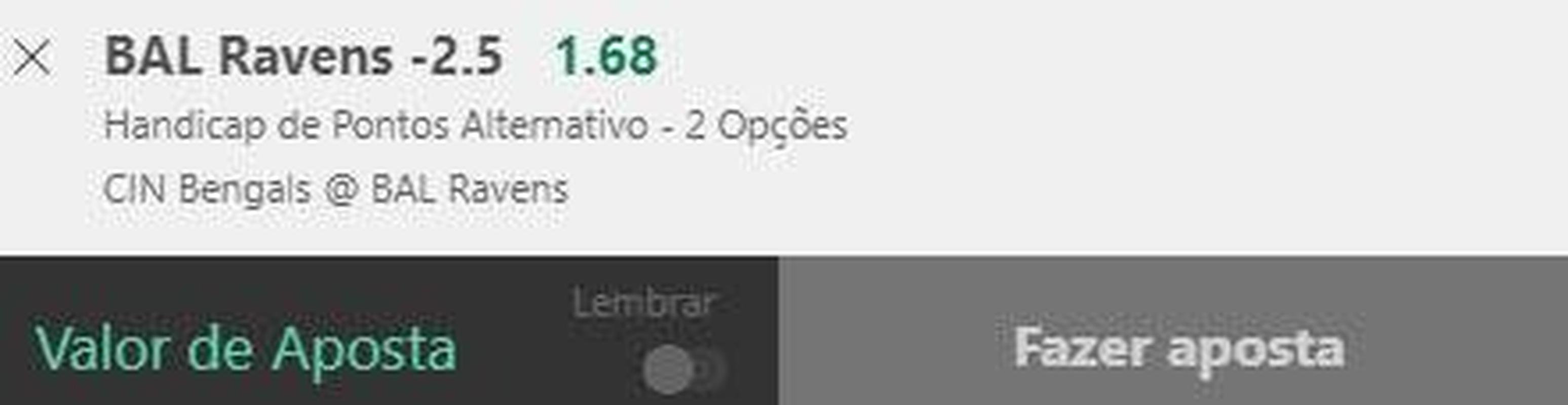Baltimore Ravens -2,5 contra o Cincinatti Bengals (odd 1.68)