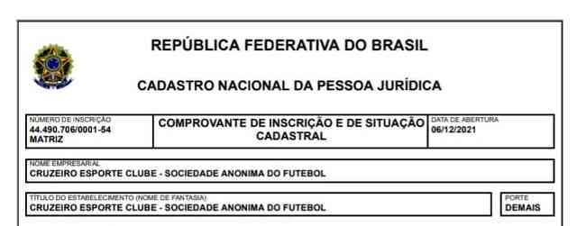 Cruzeiro divulgou o CNPJ da SAF nas redes sociais