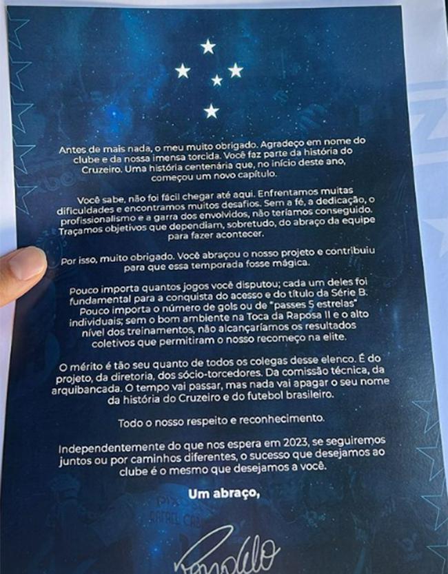 Carta enviada aos jogadores por Ronaldo