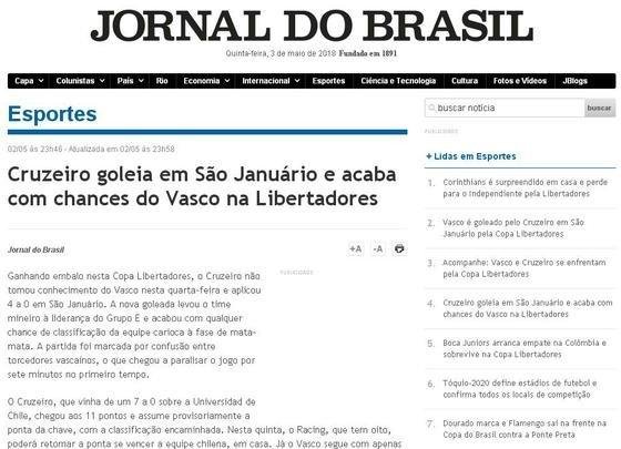JORNAL DO BRASIL - Jornais do Rio de Janeiro destacaram eliminao do Vasco aps goleada para o Cruzeiro