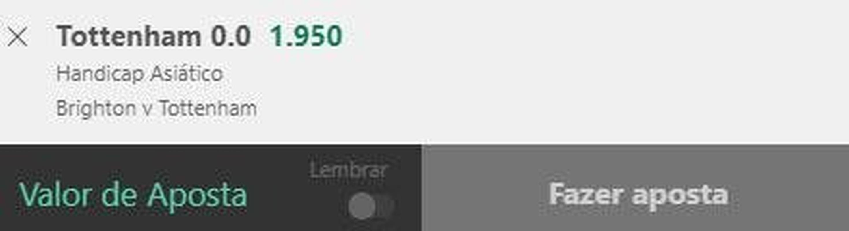 Tottenham handicap asitico 0.0 contra o Brighton (odd 1.95) - Apesar de ser visitante, o Tottenham tem mais time que o Brighton. Os Spurs esto em terceiro. O rival, no entanto, faz campanha surpreendente, ocupa o sexto lugar e tem bons resultados na temporada, como vitria sobre o United e empate com o Liverpool. Em caso de empate, teremos reembolso em nossa entrada.