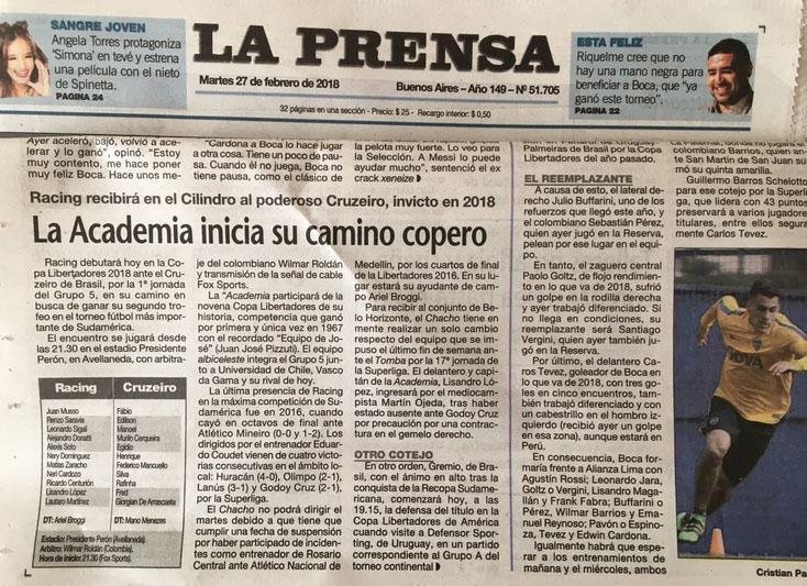 Imprensa argentina registrou estreia de Racing e Cruzeiro