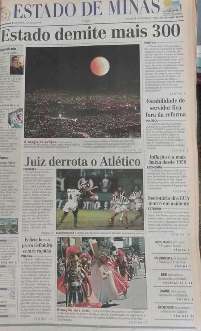 Capa do jornal Estado de Minas de 4 de abril de 1996 destaca negativamente a atuao do rbitro pernambucano Wilson de Souza Mendona: 'Juiz derrota o Atltico'. As reclamaes foram, principalmente, pela anulao do gol de bicicleta de Fbio Augusto e a no marcao de um pnalti. No fim das contas, o Palmeiras saiu vencedor do Independncia: 2 a 1, no jogo de ida das oitavas de final da Copa do Brasil.