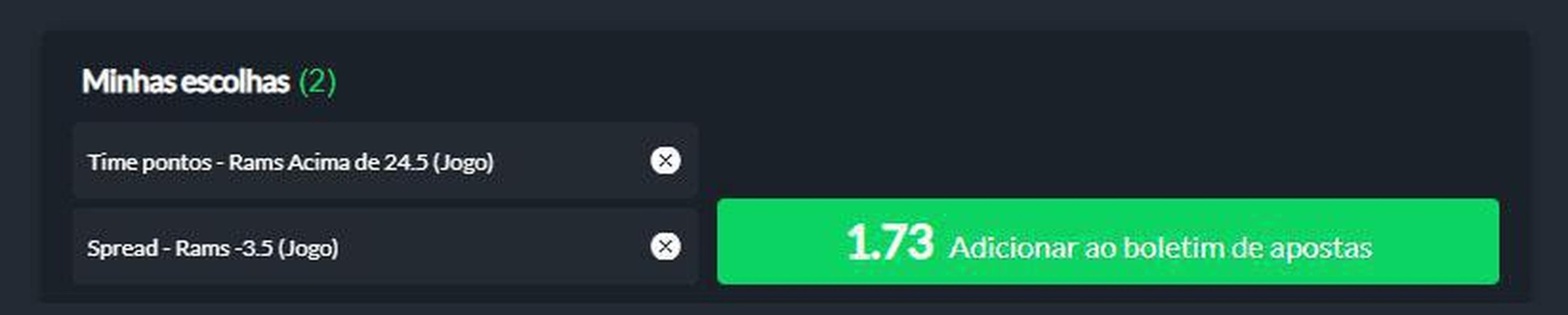 Los Angeles Rams -3,5 e marca mais de 24,5 pontos contra o Atlanta Falcons (odd 1.73) - Atual campeo, o Los Angeles Rams foi atropelado em casa pelo Buffalo Bills na semana 1. J o Falcons, como foi citado anteriormente, perdeu de virada na prorrogao para o Saints. O Rams, apesar da derrota, tem um excelente time, enquanto o Falcons  apontado como um dos grandes candidatos ao top 5 do prximo draft. Para nossa aposta bater, o Rams precisa vencer por quatro pontos de diferena e anotar pelo menos 25.