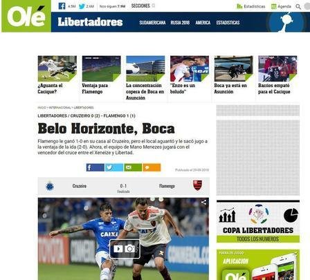 Olé, da Argentina: 'Belo Horizonte, Boca'
