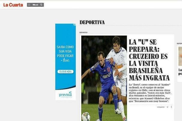 La Cuarta: 'Cruzeiro é a equipe com o melhor recorde no Chile. 'Antes era mais fácil', diz Nonato' (ex-lateral-esquerdo do Cruzeiro, em entrevista ao site chileno)