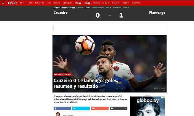 As, da Espanha, na capa de seu site: 'Cruzeiro cai, mas avana'