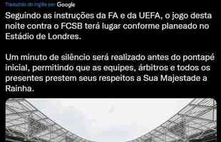 West Ham falou sobre o minuto de silncio em homenagem - Seguindo as instrues da FA e da UEFA, o jogo desta noite contra o FCSB ter lugar conforme planeado no Estdio de Londres. Um minuto de silncio ser realizado antes do pontap inicial, permitindo que as equipes, rbitros e todos os presentes prestem seus respeitos a Sua Majestade a Rainha.