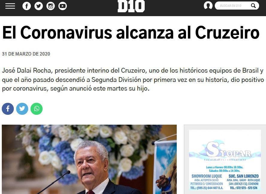D10, do Paraguai, destaca: 'O Coronavírus alcança o Cruzeiro'