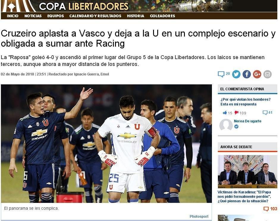 EMOL, Chile - Cruzeiro massacra Vasco e deixa La U em cenrio difcil na Libertadores