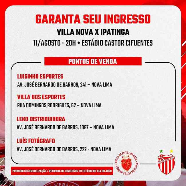 Pontos de venda de ingressos para Villa Nova x Ipatinga