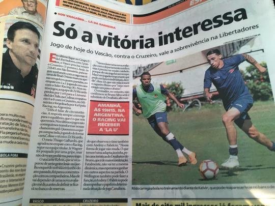 Duelo entre Vasco e Cruzeiro, nesta quarta-feira, às 21h45, em São Januário, ganhou as manchetes dos jornais cariocas