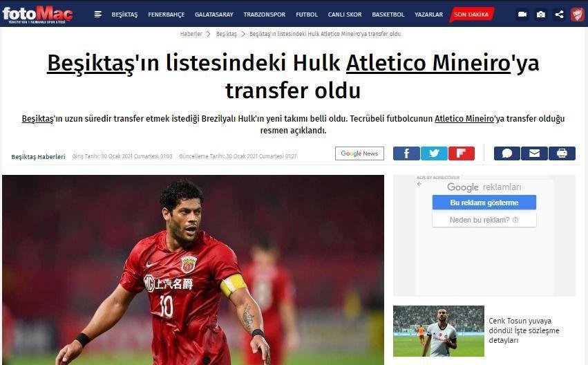FotoMac (Turquia): o jornal turco noticiou a chegada de Hulk ao Galo. Eles afirmaram que o jogador de 34 anos estava na lista de possveis reforos do Besiktas. 