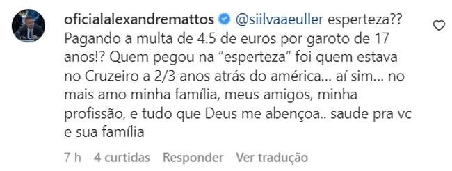 Alexandre Mattos respondeu alguns cruzeirenses em publicao do atacante Edu