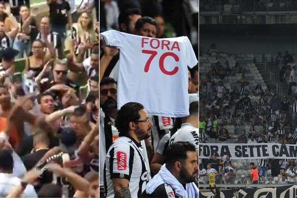 20/10/2019 - No dia em que o Galo venceu o Santos por 2 a 0 no Independncia, pela 27 rodada do Campeonato Brasileiro, torcedores cantaram em protesto contra o presidente do Atltico, Srgio Sette Cmara, e o diretor de futebol Rui Costa. Um torcedor do Atltico estava com uma camiseta de protesto contra a diretoria do clube e foi abordado por seguranas, que pediram que ele tirasse a vestimenta. O fato gerou uma revolta dos torcedores. Este foi apenas um dos vrios protestos realizados pela torcida contra a diretoria e jogadores.