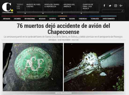 El Colombiano (Colmbia) -  Acidente com avio da Chapecoense deixou 76 mortos
