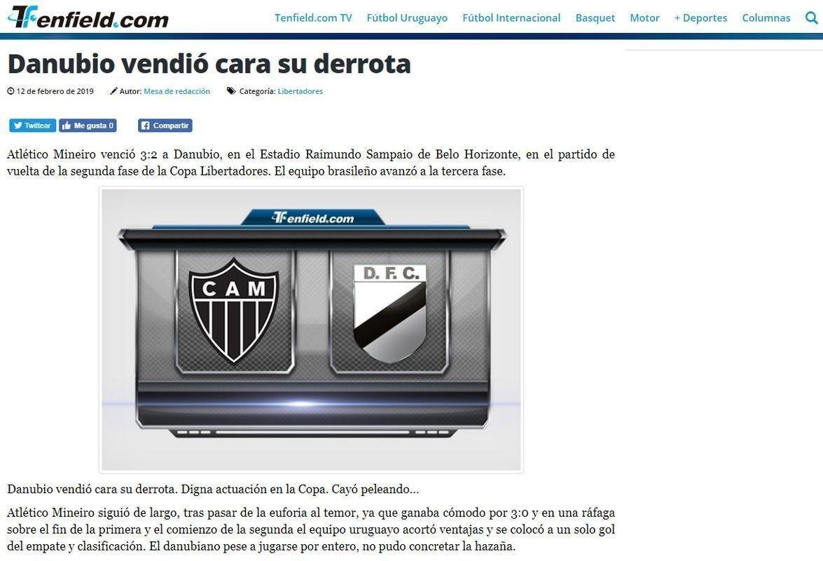 O 'Tenfield.com' tambm frisou a fora do time uruguaio para se recuperar ao longo da partida: 'O Danubio vendeu caro a derrota. O Atltico passou da euforia ao temor'.