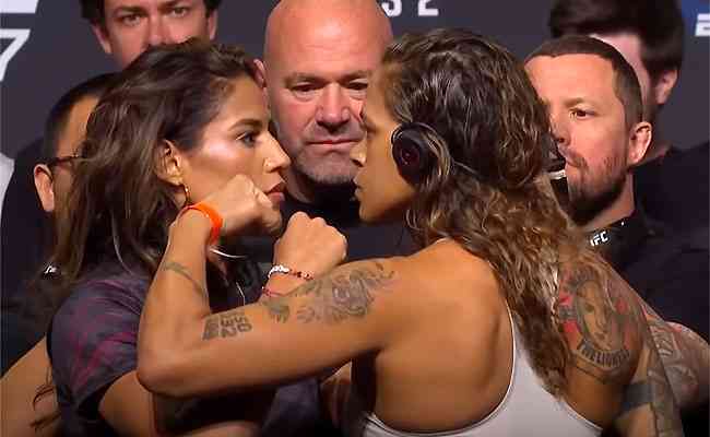 Julianna Peña e Amanda Nunes na encarada: revanche pelo cinturão peso-galo