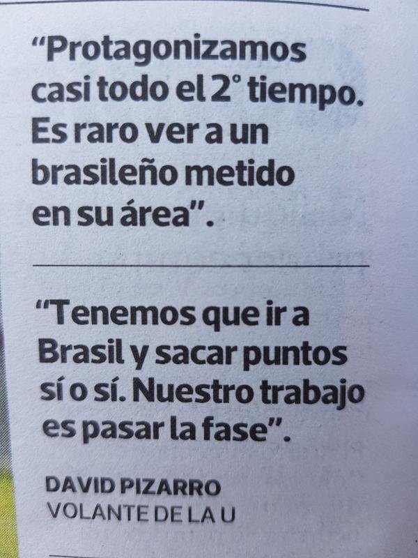 La Cuarta: 'Protagonizamos todo o segundo tempo.  raro ver um brasileiro recuado em sua rea. Temos de ir ao Brasil ganhar os pontos, sim ou sim. Nosso trabalho  passar de fase', diz o volante Pizarro na entrevista