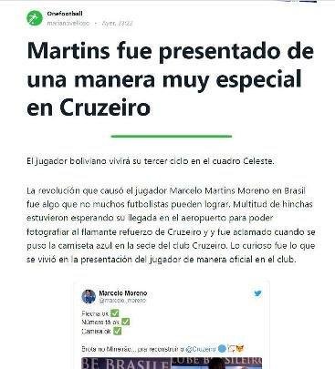 A verso em espanhol do 'One Football', aplicativo muito popular sobre o esporte, destacou a 'maneira muito especial' com que Marcelo Moreno se apresentou no Cruzeiro