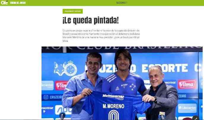 O jornal argentino 'Ol' destaca a chegada de Marcelo Moreno para a temporada 2020 no Cruzeiro e a pintura no corpo