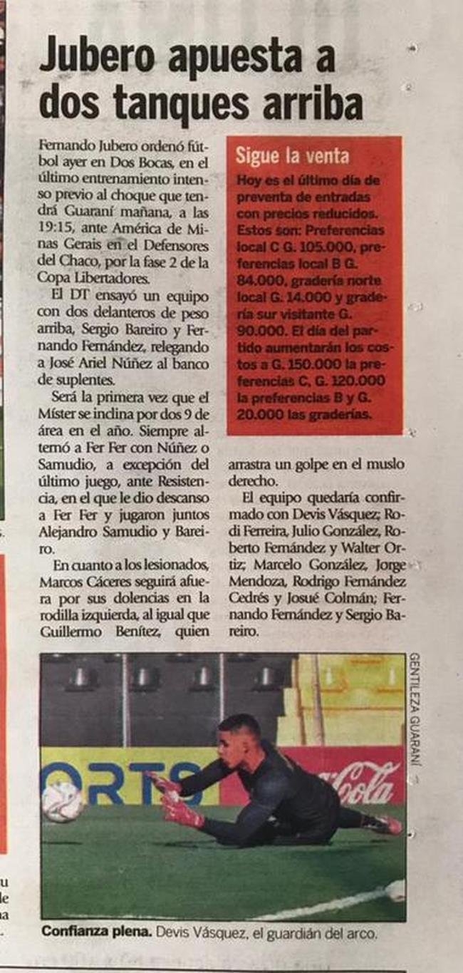 Jornais paraguaios detalham prévias da partida entre Guaraní e América, pela Copa Libertadores