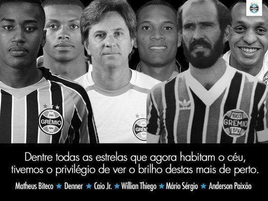 Em seu Twitter oficial, o Grmio prestou homenagens a seus ex-jogadores e treinadores que faleceram na tragdia 