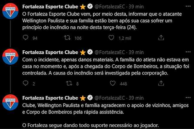 Fortaleza relatou caso nas redes sociais e informou que a situao est controlada