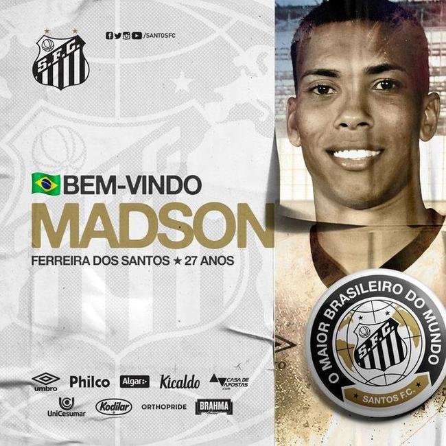 O Santos anunciou a contratao do lateral-direito Madson, que pertencia ao Grmio e estava no Athletico-PR
