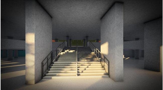 Alm de seguir como complexo esportivo, a rea do ginsio abrigar um restaurante com vista panormica, um shopping e um hotel. Na foto, Hall Escadaria.