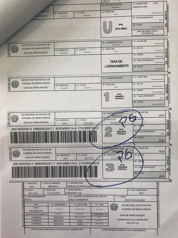 Documentos e comprovantes de pagamentos de impostos de carros da esposa de Wagner, Giselda de Magalhes Santos Pires