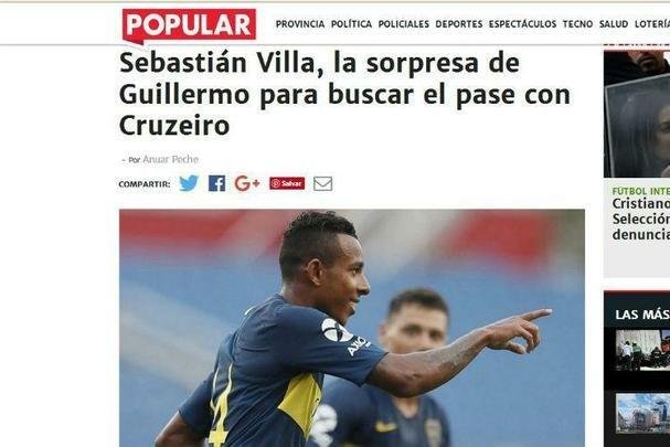 Diario Popular coloca o atacante Sebastin Villa como a surpresa do tcnico Schelotto para garantir a classificao do Boca sobre o Cruzeiro 