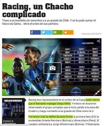 Grupo 5, do Racing, foi apontado um dos mais complicados da Libertadores