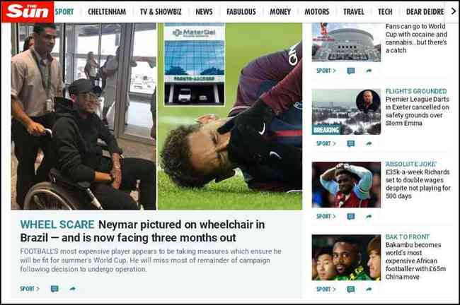 Destaque da capa de esportes do portal do jornal The Sun, da Inglaterra, para Neymar