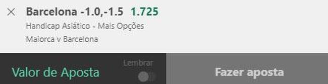 Barcelona handicap asi�tico -1.25 contra o Mallorca (odd 1.72) - O Barcelona � vice-l�der do Espanhol, com cinco vit�rias e um empate. Todas as vit�rias foram por tr�s gols de diferen�a, mostrando superioridade sobre advers�rios at� mais fortes que o Mallorca, que tem duas vit�rias, dois empates e duas derrotas. Para nossa entrada bater, o Bar�a precisa ganhar por dois gols de vantagem. 