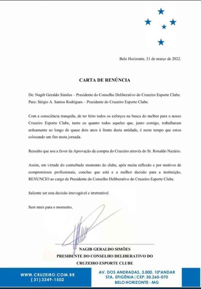 Carta de renúncia de Nagib Simões, datada de 31 de março de 2022