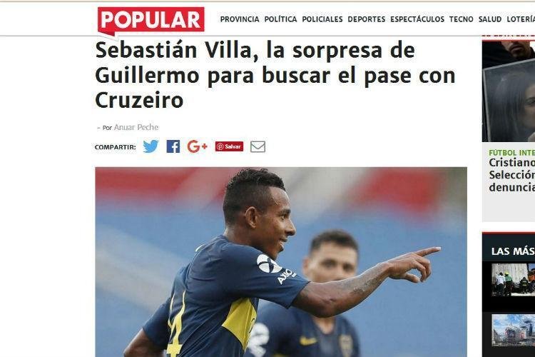 Diario Popular coloca o atacante Sebastin Villa como a surpresa do tcnico Schelotto para garantir a classificao do Boca sobre o Cruzeiro 