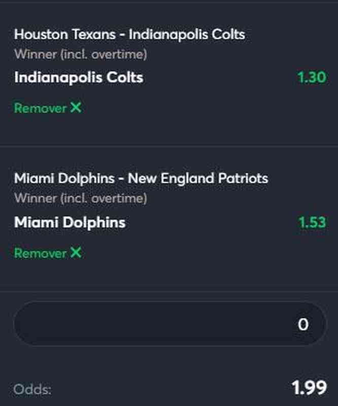 Indianapolis Colts vence Houston Texans, e Miami Dolphins vence New England Patriots (odd 1.99) - So dois duelos divisionais nesta dupla. No primeiro jogo, o Colts  amplamente favorito. Com Matt Ryan, MVP em 2016, como QB, a equipe tem grandes chances de estrear com vitria. O time de Indianapolis tem peas melhores do que o rival, apontado como pior equipe da temporada. J o duelo entre Dolphins e Patriots deve ser bem equilibrado. O Patriots  favorito a ganhar a diviso, mas vem tendo dificuldades contra Miami. A expectativa para o jogo  a estreia do recebedor Tyreek Hill e como ser o entrosamento dele com o quarterback Tua Tagovailoa. A tendncia  de vitria dos mandantes em jogo apertado.