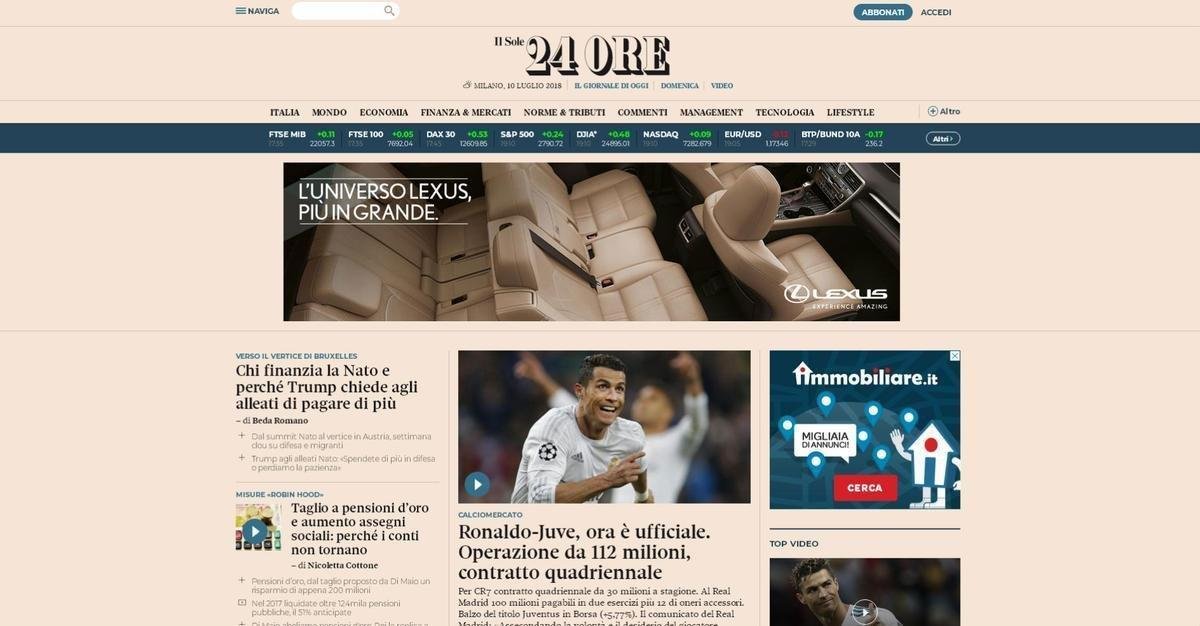 Il Sole 24 Ore (Itlia) - Ronaldo na Juve agora,  oficial. Operao de 112 milhes, contrato de quatro anos