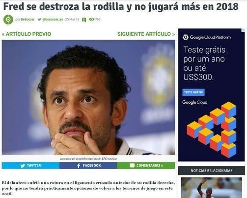 Grave lesão de Fred ganhou destaque na imprensa internacional