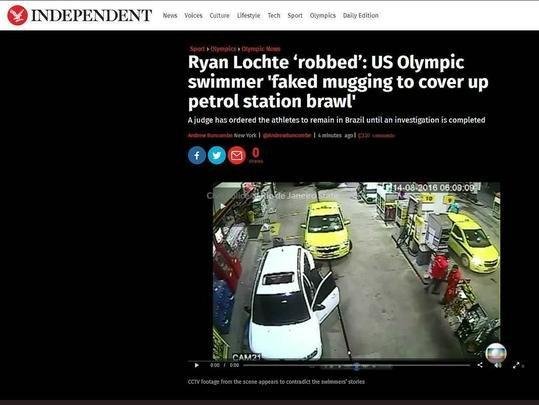 Independent, Inglaterra: 'Nadador olímpico dos EUA inventou assalto para encobrir a confusão em posto de gasolina'