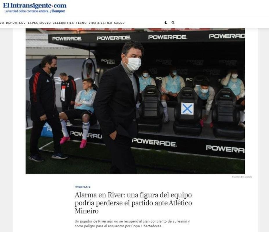 El Intransigente destaca 'alarme' no River: De La Cruz pode ficar de fora contra o Atltico, ainda que esteja relacionado, por leso muscular