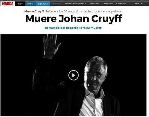 Marca (Espanha): 'Morre Johan Cruyff - O mundo do esporte chora sua morte'